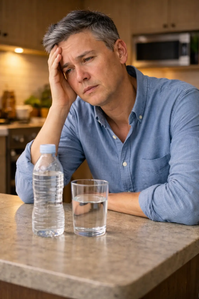 Man at kitchen counter with a water bottle and glass, illustrating the need to address long term dehydration symptoms.