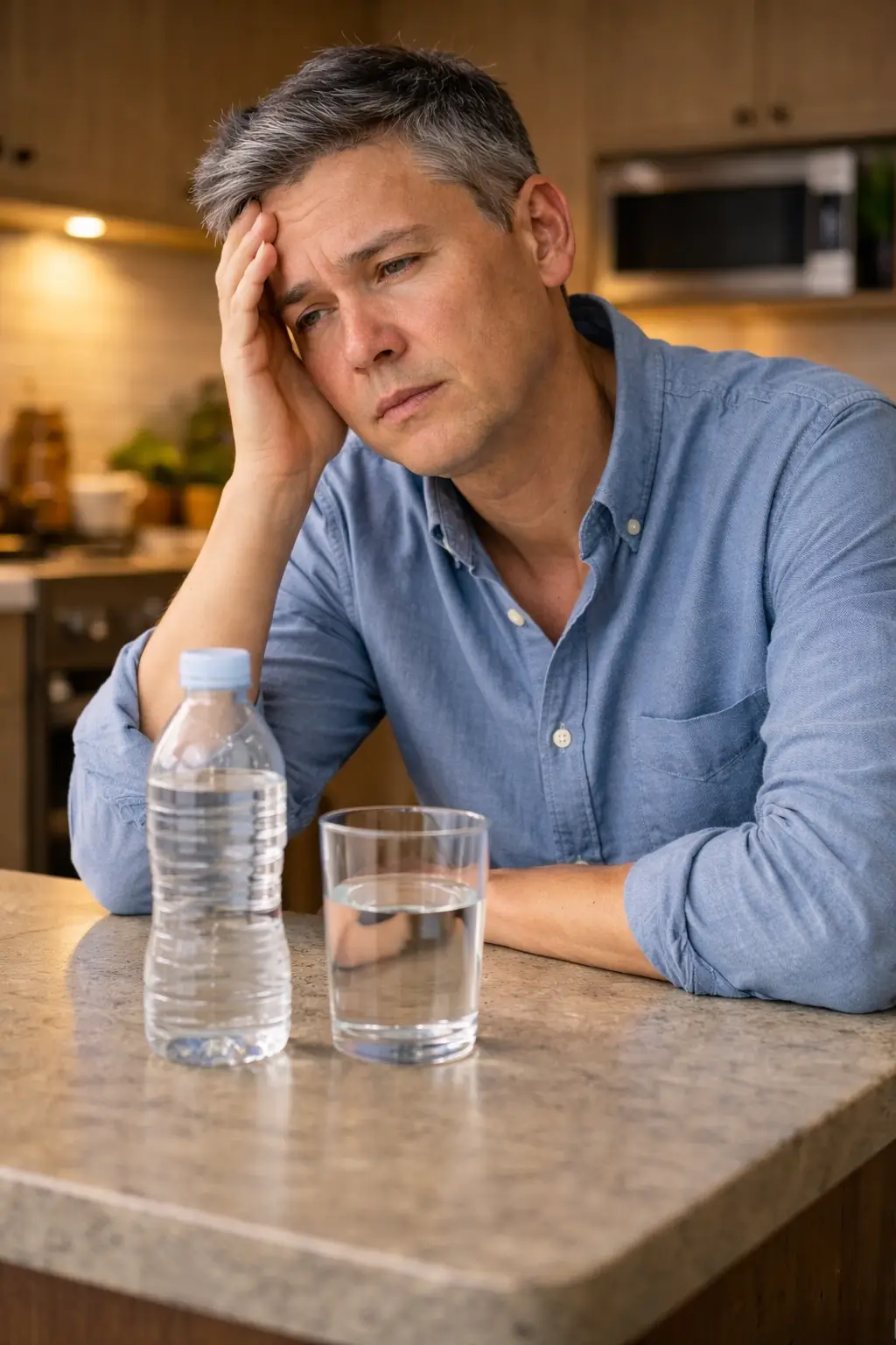 Man at kitchen counter with a water bottle and glass, illustrating the need to address long term dehydration symptoms.